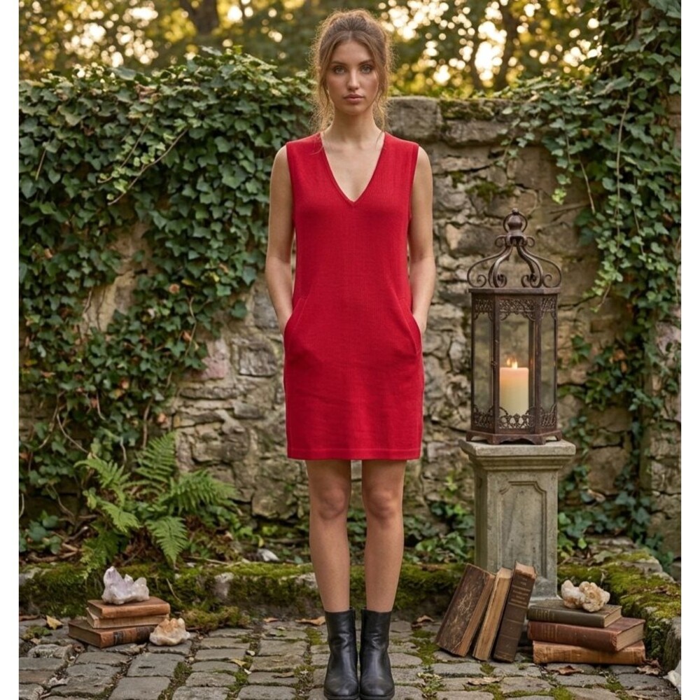 Vintage 90s Shift V Neck Jumper Dress M Red Sag Harbor Pockets Ribbed Knit Korea